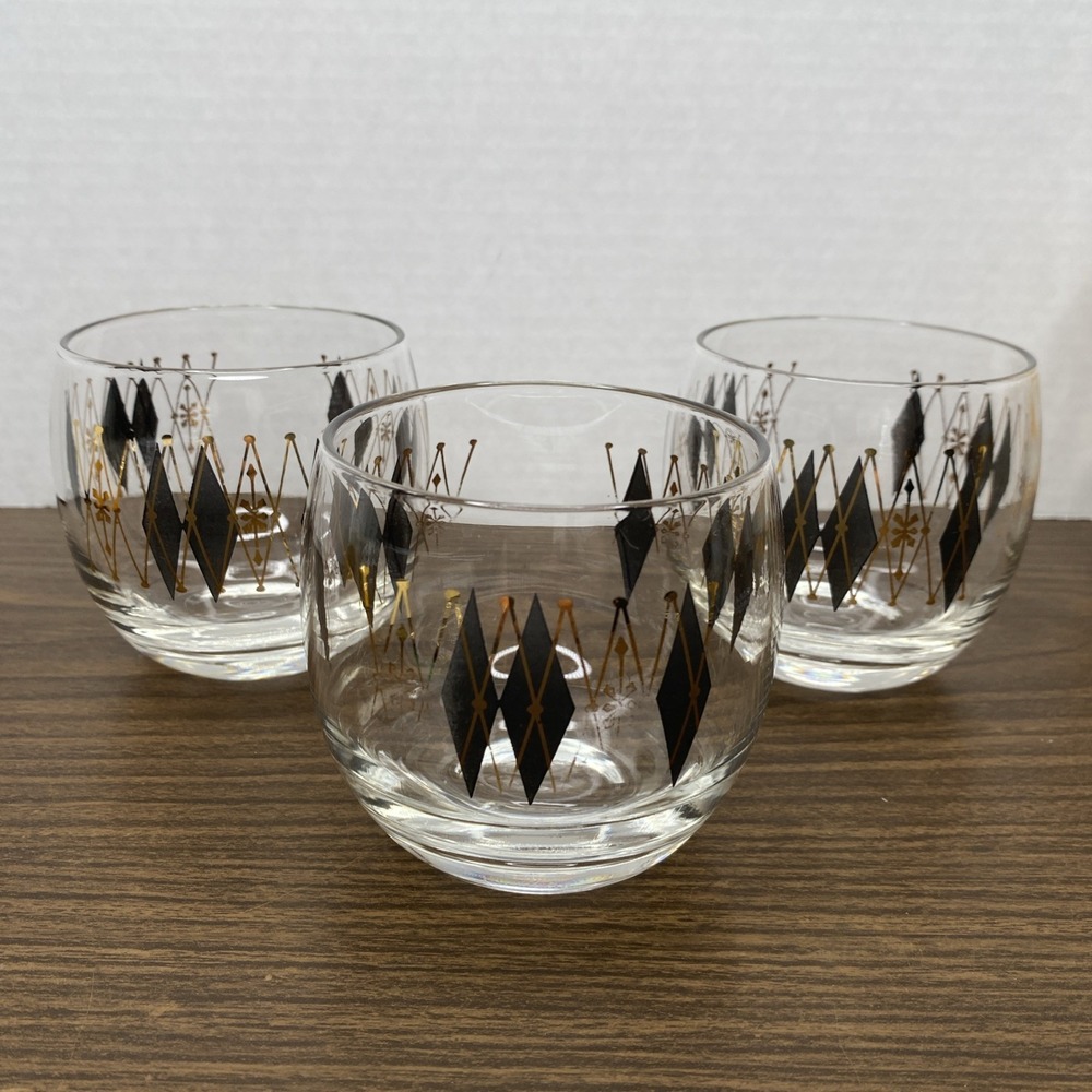 Vintage Federal Glass MCM Gold Black Harlequin Roly Poly Atomic Set of 3 Barware